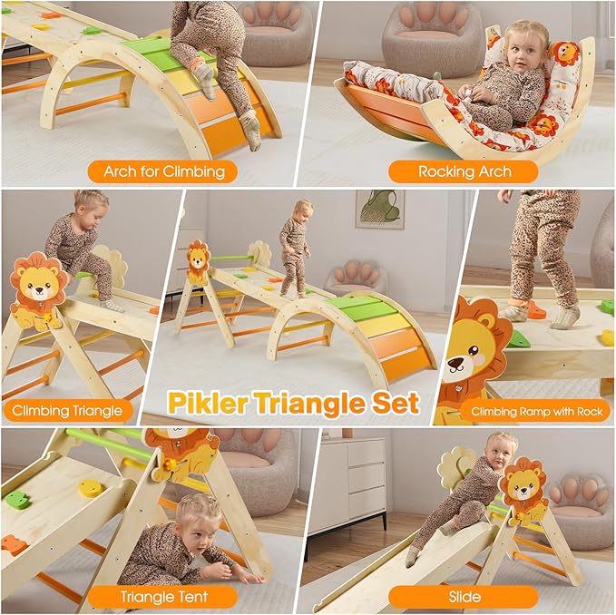 Pikler Triangle Set with Cushion, 7 in 1 Toddler Climbing Toys Indoor, Montessori Foldable Climbing Set, Wooden Climbing Toys for Toddlers Inside with Ramp, Arch and Ladder (Lion)