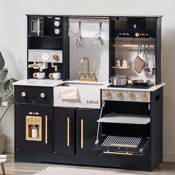 ROBUD Wooden Play Kitchen Set for Kids and Toddlers with Coffee Machine, Ice Maker, Microwave, Oven, Large Cabinet, 12 Accessories, Gift for 3+, Black