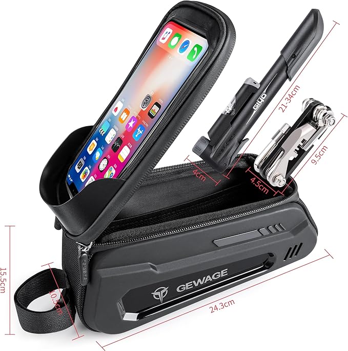 GEWAGE Bicycle Phone Mount Bag & Bicycle Tire Pump, Bike Multitool with Tyre Lever - Bike Tool Kits for Repair and Maintenance at Home or On The Road
