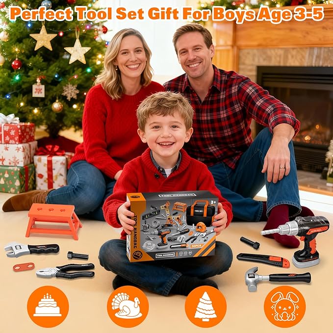 50PCS Kids Tool Set for Boys Ages 3 4 5 6 Years Old - Pretend Play Construction Tool Kits with Portable Tool Bag & Electronic Toy Drill, Toddler Tool Set, Christmas & Birthday Gifts for Boys