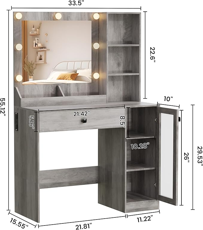 Makeup Vanity with Mirror and Lights & Power Outlet, 34'' Small Vanity Desk with Drawers and Storage Cabinet & Makeup Tray, Dressing Table for Girls Bedroom Dressing Room, Grey