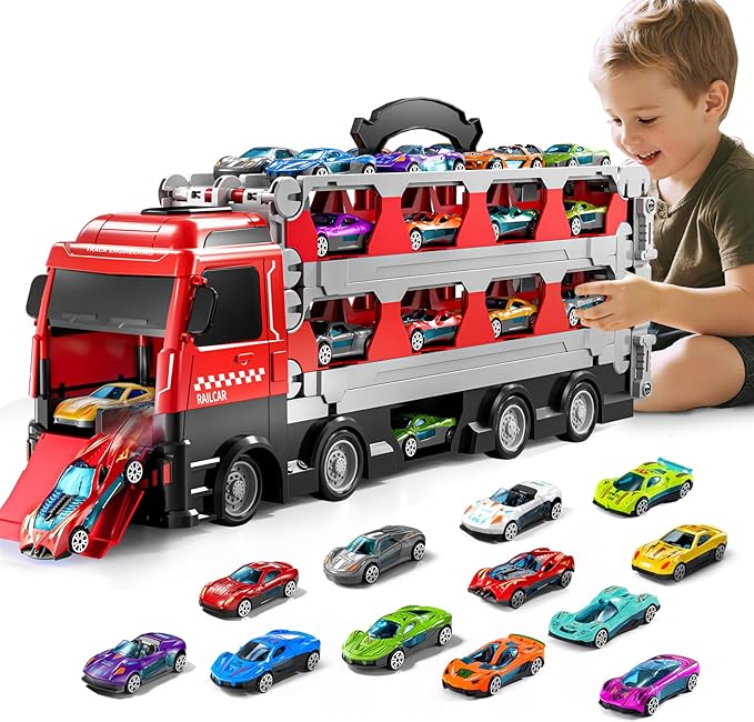 Cars Truck Set Transport Toy for Kids, Race Track Set with 12 Die-Cast Cars, Trucks Playset, 2-Tier Launching Tracks, Carrier Toy for Boys Girls Birthday Gifts for Boys Ages 1-3 2-4 3-5 4-7