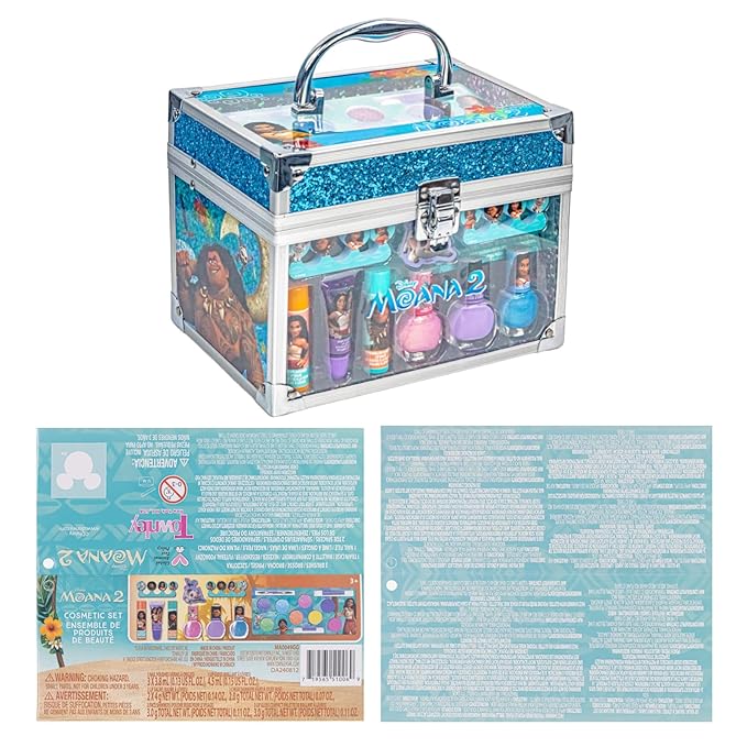 Moana 2 Train Case Beauty Set, Kids Makeup Kit for Girls, Real Washable Makeup Set, Play Makeup, Party Favor, Birthday, Ages 3 4 5 6 7 8 9 10 11 12 by Townley Girl