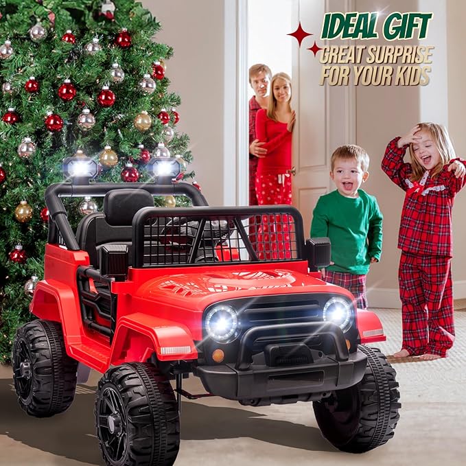 JOYMOR 12V Kids Ride on Truck with Remote Control, 4 Wheels Battery Powered Kids Car, Electric Play Car with LED Lights/Horn/Remote and Manual Control/3-5 MPH Speed/Gift for Girl Boy (Red)