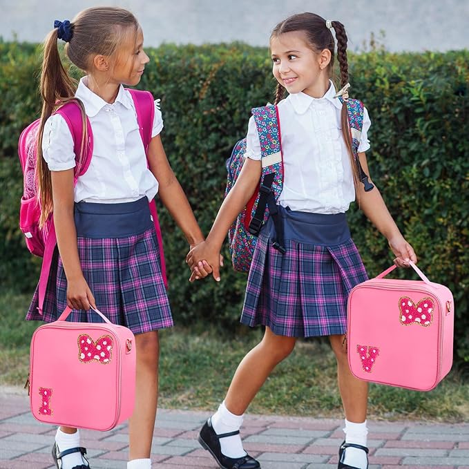 Preppy Initial Bow Mouse Lunch Bag, Kids Insulated Lunch Box Gifts for Teen Girls Daughter, Reusable Soft Lunch Containers Crossbody Cooler Bag Must Haves for Park Travel School Work Picnic Pink I