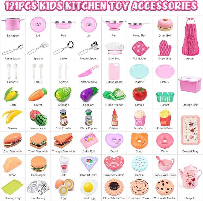 121Pcs Play Kitchen Accessories, Kids Kitchen Playset, Pretend Play Food Tea Party Set, Toy Kitchen Kids Cooking Real with Apron&Chef Hat, Utensils Cookware Pots&Pans, Toy Organizer, Toddler Toys Gift