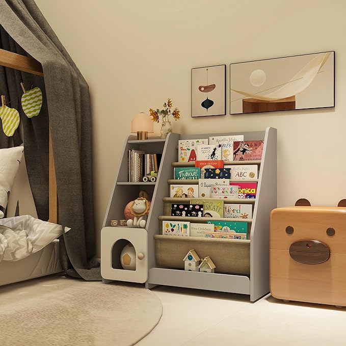 FKWin Kids Bookshelf, Kids Toy Storage Organizer, Baby Storage Book Rack, 4 Tier Kids Wooden Bookshelves, 5 Layer Sling Bookcase for Playroom, Bedroom, Living Room, Kids Room, Nursery, School (Gray)