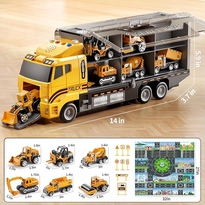 Toddler Boys Construction Truck Vehicle Toy Set with Play Mat and Die-Cast Toy Car, Transport Carrier Truck for Kids 3-5, Birthday Gifts Toys for 3-8 Year Old Boys