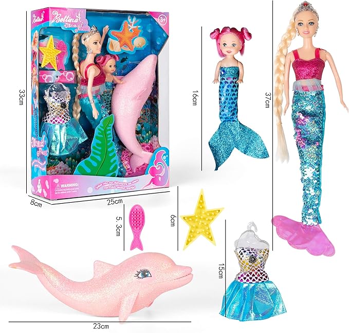 Princess Doll with Little Mermaid & Pink Dolphin Playset, Blonde Hair Dolls Toys with Accessories, Gift for 3 to 7 Year Old Girls