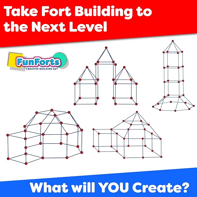 Power Your Fun Fun Forts Kids Tent - 81 Pack Fort Building STEM Toys Kit, Construction Toys Play Tent Indoor and Outdoor Playhouse for Kids with 53 Rods and 28 Spheres (Red, Blue)