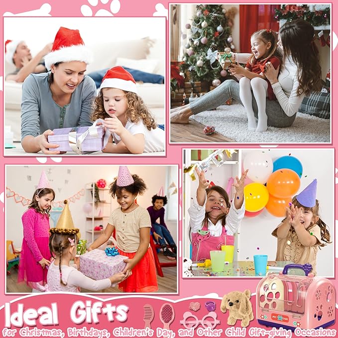 TEUVO 14Pcs Dog Toys for Girls Kids 3 4 5 6 8 Year Old, Walking Barking Electronic Interactive Stuffed Dog Plush & Carrier Accessories Pet Care Playset Grooming Toy Pretend Play Gifts for Little Girls