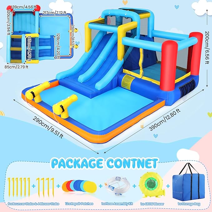 Whubefy Inflatable Water Slide Bounce House for Kids Backyard Blow Up Dual Racing Slides Water Park with Blower, Overhead Sprinkler, Splash Pool, Water Cannon, Climbing Wall for Indoor Outdoor Fun