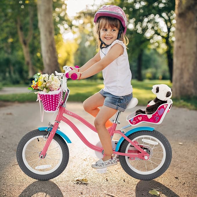 BABY JOY Kids Bike, 12 14 16 18 Inch Children Bicycle w/Detachable Training Wheels, Storage Basket, Adjustable Seat & Handlebar, Bow or Streamer, Girls Bike for 3-8 Years Old
