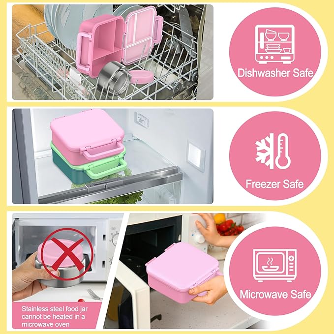 Bento Lunch Box for Kids with 9oz Thermo, Leak-proof Lunch Containers with 3 Compartments,Kids-friendly Size,Durable/Dishwasher Safe Lunch Box for School Outdoors-Pink