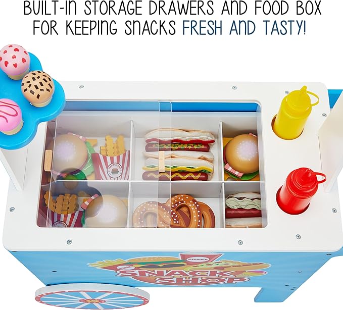 Lil’ Jumbl Wooden Snack Shop Playset | Kids Play Pretend Hot Dog Stand Push Cart w/ 125+ Burger, Fries, Pizza & Ice Cream Toy Accessories, Food Displays, Awning, Freezer, Storage Drawers & Menus