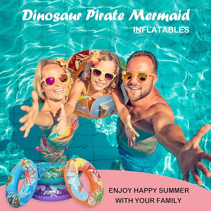 4 Pack Inflatable Pool Floats, 36" & 24" Pool Tubes for All Ages, Unique Dino, Mermaid, Pirate Inner Tube Floaties for Swimming, Swim Ring and Pool Party Toys for Kids 3-5 4-8 8-12, Teens, Adults