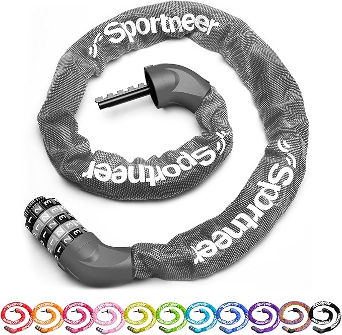 Sportneer Bike Lock: 5 Digit Combination High Security Anti Theft Bike Chain Lock - 3.2/3.6/4ft Heavy Duty Keyless Bicycle Lock for Bike, Motorcycle, Scooter, Door & Gate - 4/6mm Thick, Easy to Use