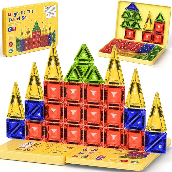 Mini Magnetic Tiles Travel Set - 40PCS Diamond Texture Magnetic Building Blocks for Kids, 10% Thicker & Portable Yellow Metal Storage Box, Montessori STEM Educational Toys Gift for Ages 3+
