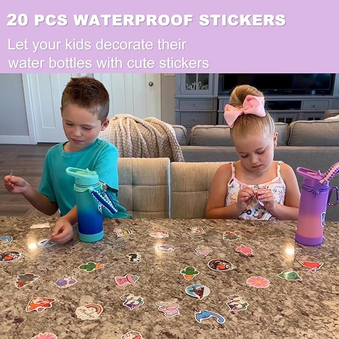 Mininoo Kids Water Bottle for School, 16oz Insulated Stainless Steel Water Bottle Kids with Straw Lid for Girls(Purple/Pink)