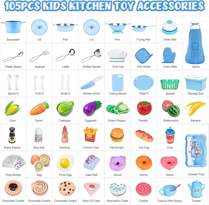 105Pcs Kids Kitchen Playset, Play Kitchen Accessories, Pretend Play Food Tea Party Set, Toy Kitchen Kids Cooking Real with Apron&Chef Hat, Utensils Cookware, Toy Organizer, Birthday Gift for Toddler
