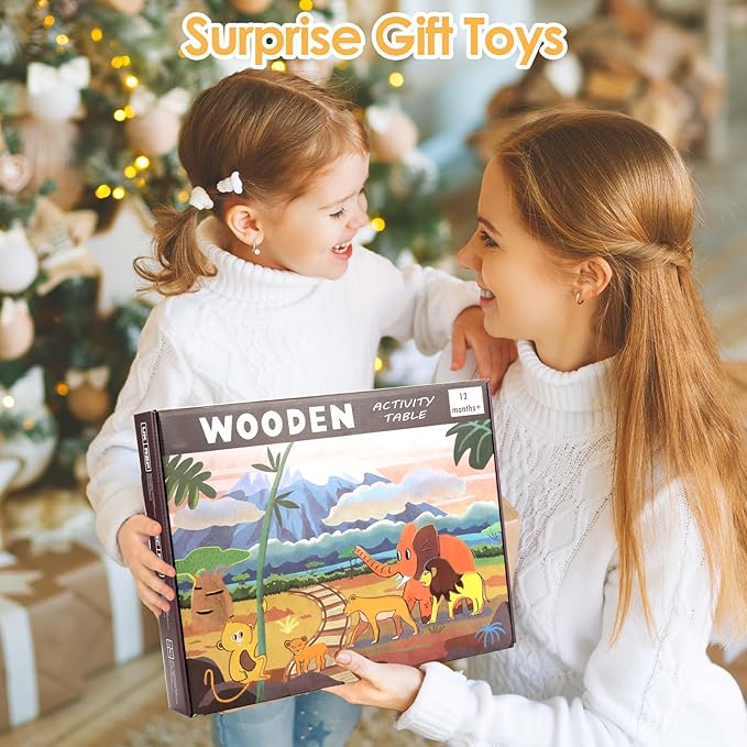 wingyz Activity Table for 1 Year Old Toddler, 9-in-1 Multi-Colorful Wooden Montessori Toys, Baby Play Table with Bead Maze Shape Sorter Train Toy, Educational Gifts for Kids Boys Girls