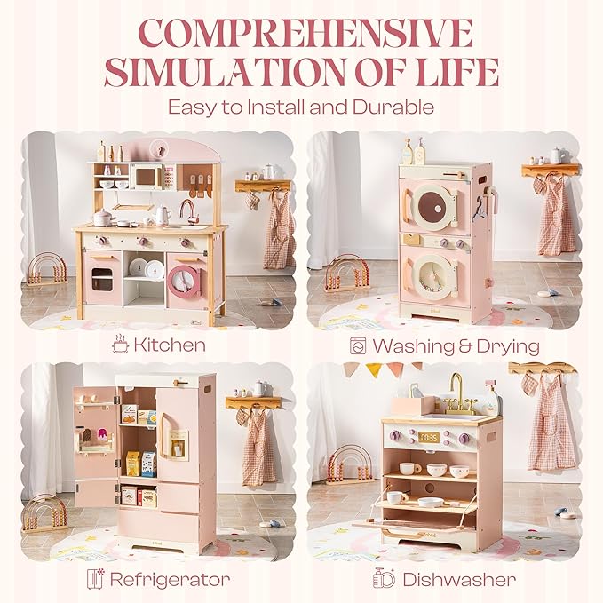 ROBUD Wooden Play Kitchen, Kids Kitchen Playset, Toy Kitchen Set with Fridge, Washing Machine, Dishwasher Toddlers Kitchen Playset Gift for Boys & Girls, Age 3+ (Pink)