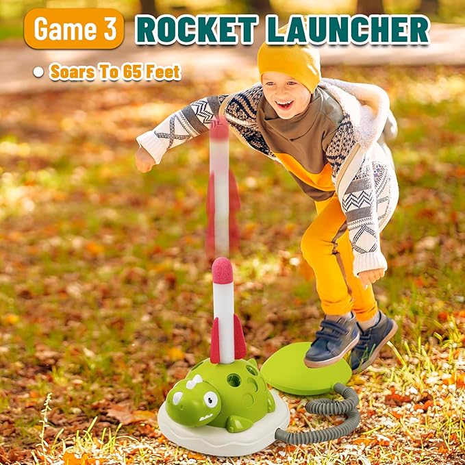 3-in-1 Dinosaur Rocket Launcher, Ring Toss & Musical Jumping Toy for Kids Aged 3-8, Remote Control Outdoor & Indoor Toys for Boys and Girls, Birthday Gift for Boys & Girls Ages 4-8