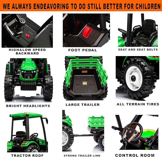 Kidsera 24V Kids Ride on Tractor with Trailer & Front Loader, 3 In1 Tractor 4-Gearbox 24volt Dual Motors Metal Frame, 24V Ride on Toys for Big Kids, Power Wheels Kids Electric Vehicles (Green)