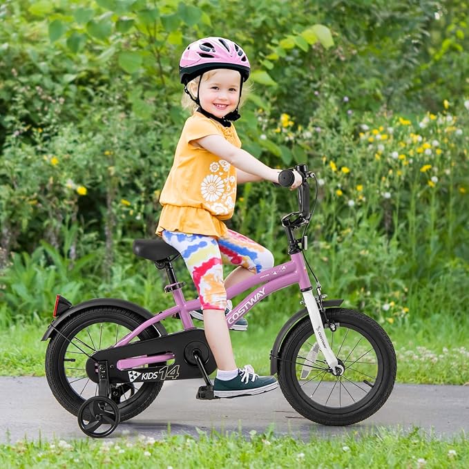 COSTWAY 12/14/16/18 Inch Kids Bike, Children Toddler Bicycle with Training Wheels, Adjustable Seat & Handlebar, Handbrake & Coaster Brake, Reflectors, Bell, Suitable for 3-8 Years Old Boys Girls