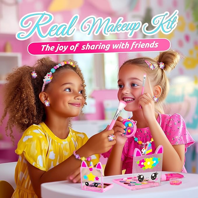 ULOVEME Kids Real Makeup Kit for Little Girls - Real, Non Toxic, Washable Make Up Toy - Umicorn Toys Gift for 3 4 5 6 7 8 9 10 12 Years Old Girls Birthday (Heart Shaped Purse+Jewelry Set)
