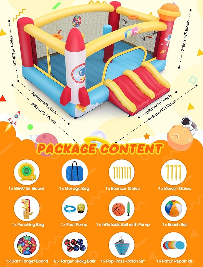 Whubefy Inflatable Bounce House Double Slide for Big Kids 3-6 8-12 with 3 Punching Bag Large Space Rocket Blow Up Bouncy Castle Obstacle Course 13.1x11.2x7.1ft w/Blower Indoor Outdoor Fun