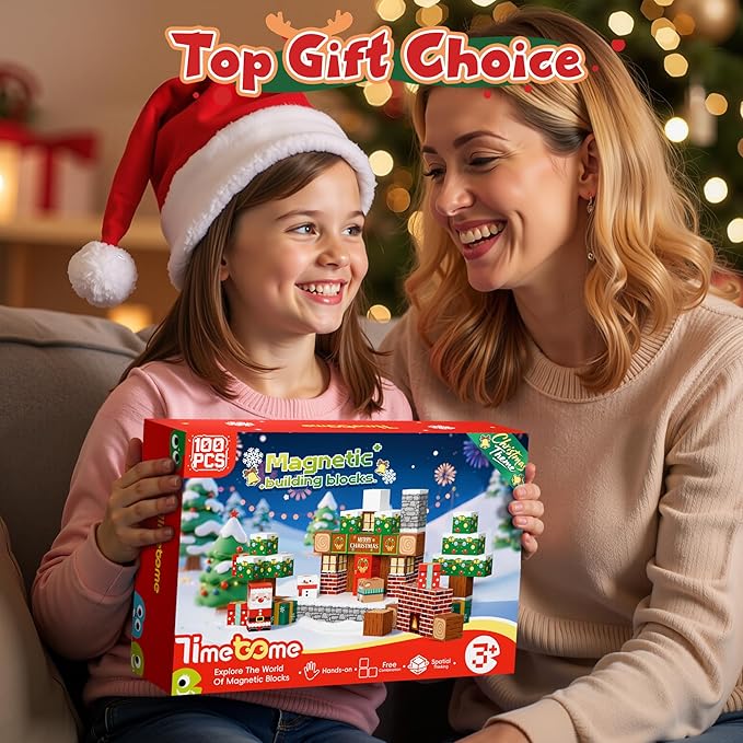 Magnetic Blocks, 100PCS Magnetic Building Block Cubes, STEM Montessori Sensory Toys for Kids Boys Girls Ages 3 4 5 6 7 8 9 10 (Christmas Version)