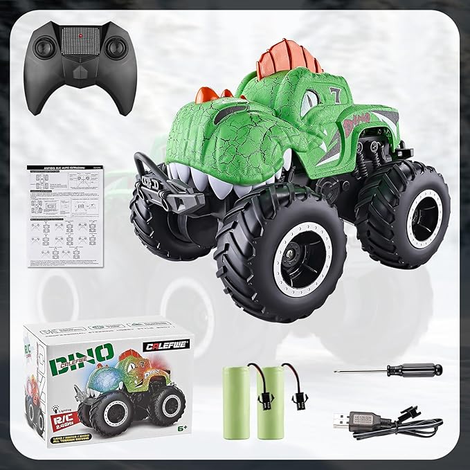 Monster Truck Toys, 1:20 Waterproof Dinosaur Monster Trucks for Boys Age 4-7, 2.4GHz All Terrain RC Cars with 2 Batteries, 360° Rotating Stunt RC Car Toy Birthday Gift for Kids 3-5