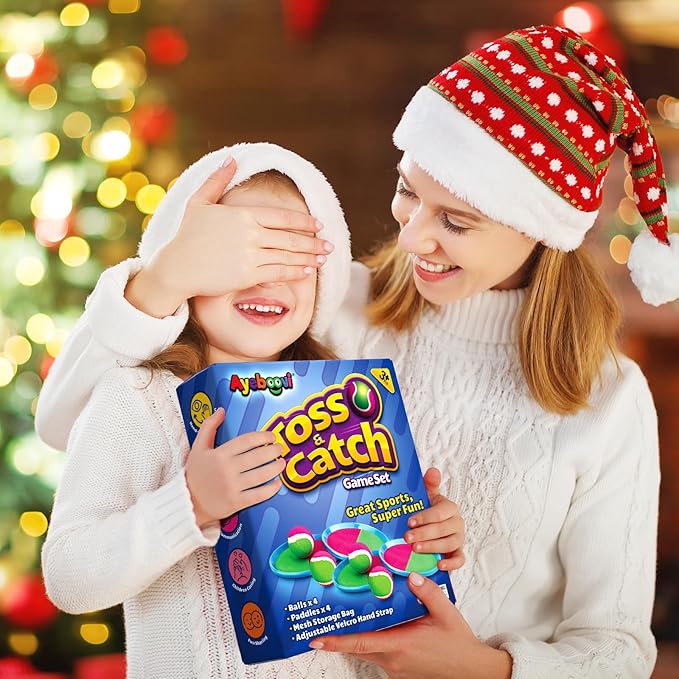 Ayeboovi Toss and Catch Ball Set with 8 Paddles 4 Balls Outdoor Beach Pool Toys for 3 4 5 6 7 8 Year Old Boys Girls Birthday Gift Stocking Stuffers Outside Camping Lawn Yard Games for Kids and Family