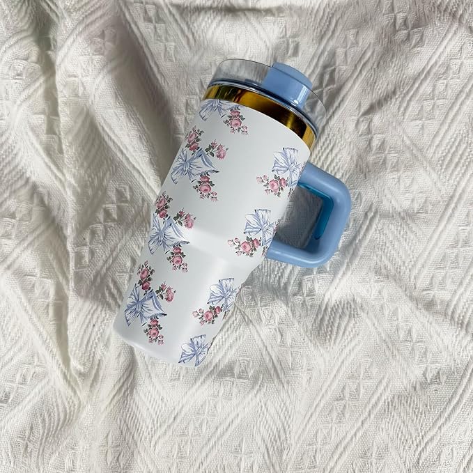 14 oz Tumbler with Handle and Straw, 14oz Toddler Tumbler with Lid and Straw for Kids Stainless Steel Tumblers, Outdoor Sports Travel School Gift, Keeps Drinks Cold up to 24 Hrs(Blue bow)