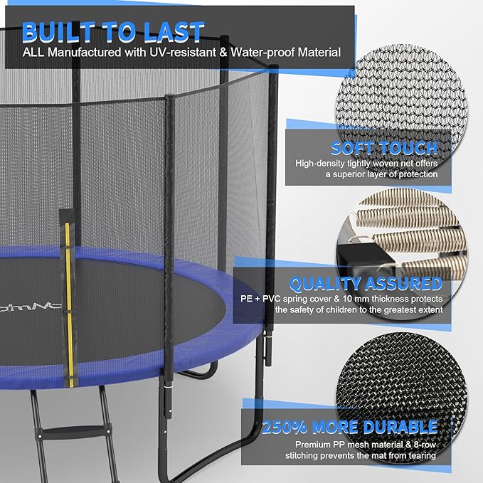 14FT 12FT 10FT 16FT Trampoline with Safety Enclosure, Anti-Rust Coating – ASTM Certified, Heavy-Duty Outdoor Trampoline with Ladder – for Kids & Adults