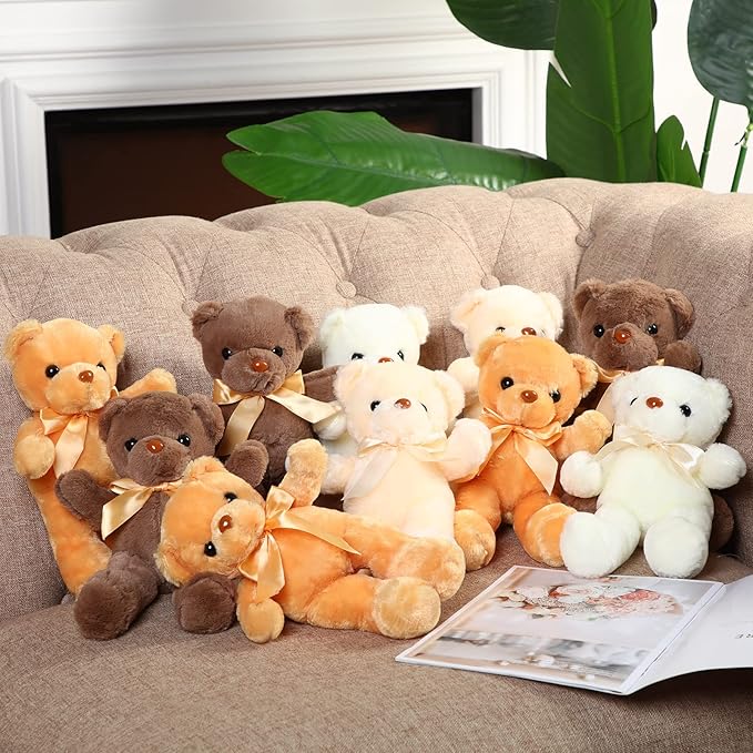 Skylety 10 Pieces Bears Bulk Stuffed Animals Soft Plush Toy Gift Bears with Ribbon Bow for Boys Girls Birthday Wedding Baby Shower Party Favor(Vivid Colors)