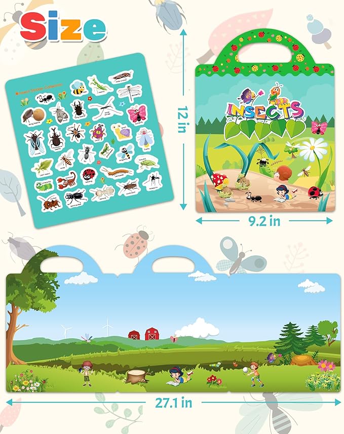 Benresive Reusable Sticker Book for Toddlers 2-4 Years, Fun Travel Stickers for Kids, Waterproof Sticker Books for Toddlers 1-3, Crafts Activities for Toddler 1-3 2-4 3-5 - Insect
