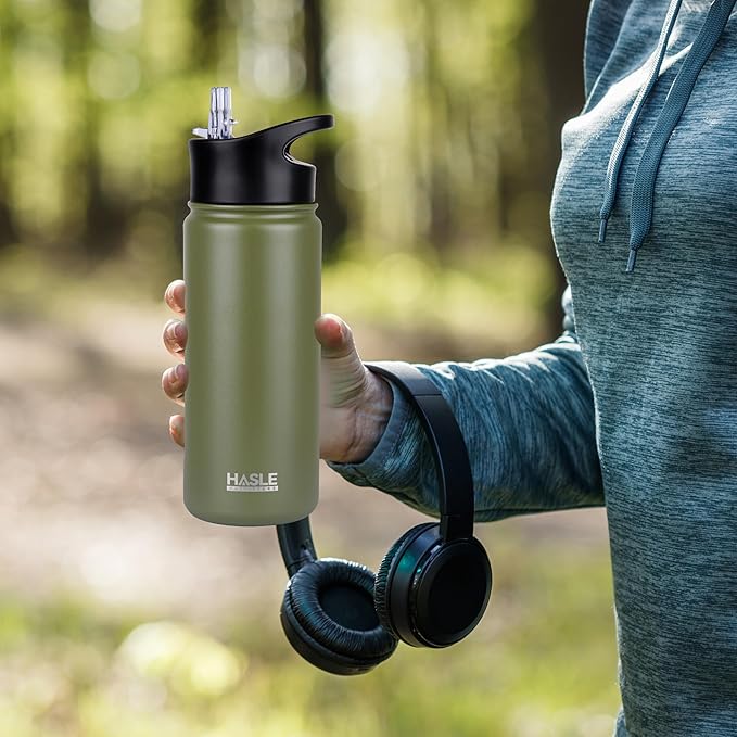 HASLE OUTFITTERS Insulated Water Bottle Kids 16 oz Double Wall Vacuum Stainless Steel Water Bottle Leak Proof for School Wide Mouth with Straw Lid & Spout Lid Keeps Cold and Hot(Army Green,1pack)