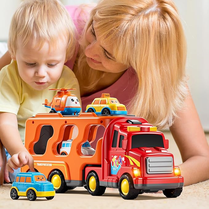 Trucks for Toddlers 3-4 Years, Toys for 3 4 5 6 7 Years Old Boy, 5 in 1 Carrier Transport Truck Vehicle Toy Set with Sound and Light, Christmas Birthday Gift for Kids 3 4 5 6 Years Old