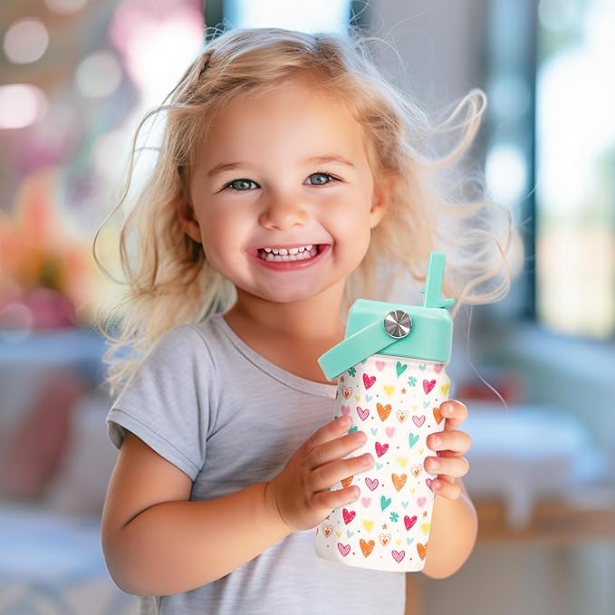 Kids Water Bottle with Straw Lid - Insulated 12 Oz Stainless Steel Water Bottles for Girls - Heart Water Bottle Travel Cup for School Sports