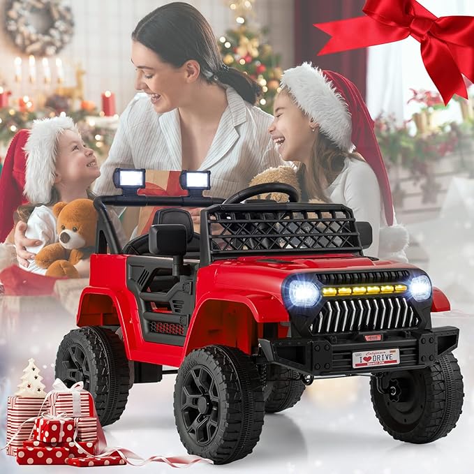 Costzon Kids Ride On Truck, 12V Battery Powered Electric Vehicles w/Remote Control, Spring Suspensions, 3 Speeds, Music, Lights, Wireless Connection, Ride on Car for Boys & Girls 3+ (Red)