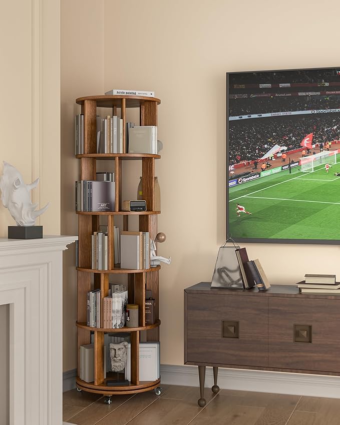 5-Tier Solid Wood Rotating Bookshelf on Wheels, 360° Spinning Book Shelf Tower, Round Revolving Bookcase Organizer, Rolling Bookshelves for Small Spaces, Corner, Bedroom, Kids Room, Office, Walnut