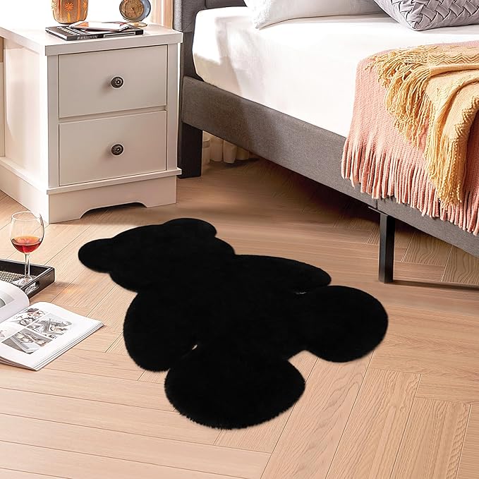 2ft Black Small Bear Shag Rug, Soft Fluffy Faux Sheepskin Fur Rug Fuzzy Shaggy Area Rug Cute Plush Carpet for Nursery Kids Girls Bedroom Room Aesthetic Living Room Floor Home Decor, Black