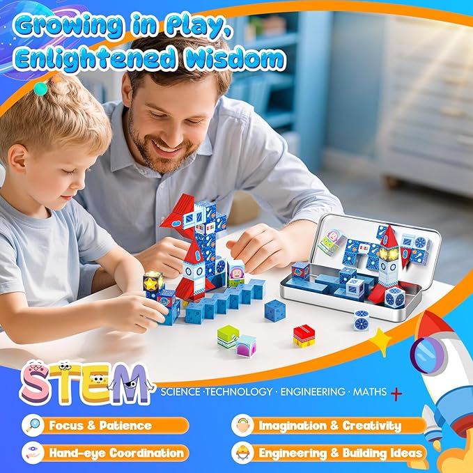 36 PCS Mini Magnetic Tiles Travel Set with Portable Iron Storage Box, STEM Learning Magnetic Building Blocks with LED Light-Up Glow in The Dark, Montessori Sensory Toys Gifts for Toddler, Boys & Girls