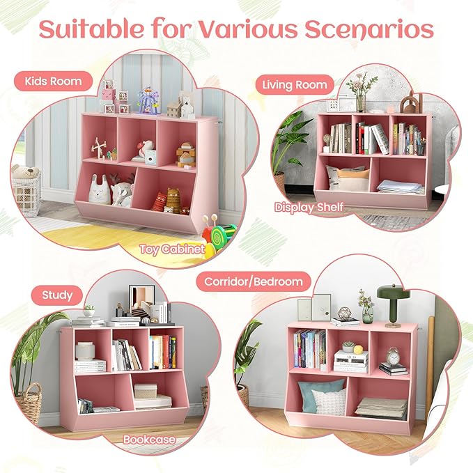 Costzon Toy Organizers and Storage with Bookshelf, Wooden 5 Cubby Children’s Book Shelf Toy Storage Cabinet Bookcase for Kids Room, Playroom, Kindergarten, Nursery (Pink)