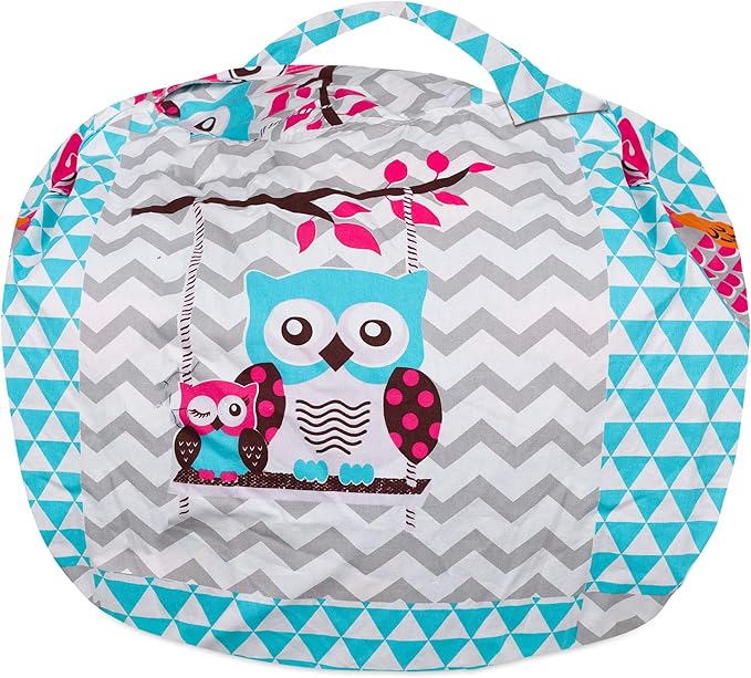 Posh Stuffable Kids Stuffed Animal Storage Bean Bag Chair Cover - Childrens Toy Organizer, X-Large-48 - Canvas Owls White and Blue