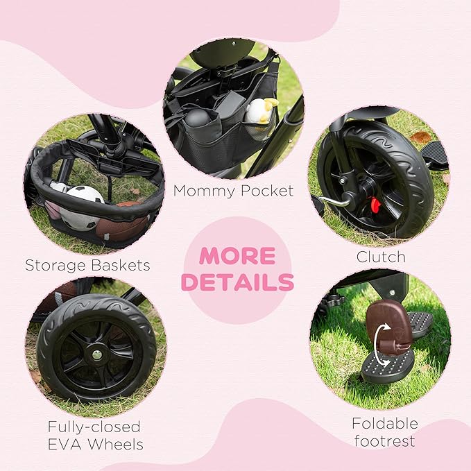 Qaba Kids Tricycle, 4 in 1 Foldable Trike with Reversible Seat, Adjustable Parent Handle, Safety Harness, Wheel Brakes, Removable Canopy, Storage, Tricycle for Toddlers 1-5 Years, Gray