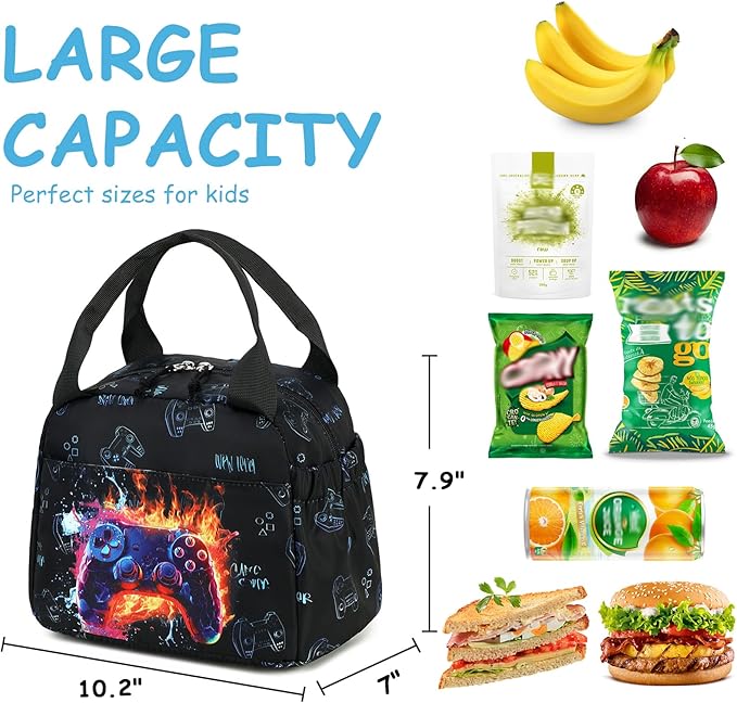 Lunch Box Kids Insulated Lunch Bag Large Reusable Leakproof Cooler Lunch Bags for Boys Girls School Travel Picnic (Gaming Controller)