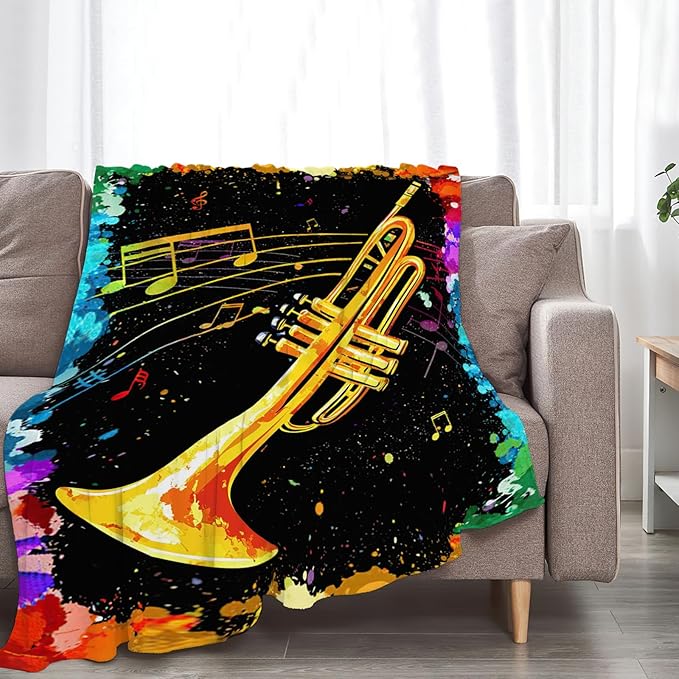 Music Trumpet Blanket Colorful Trumpet Musical Instrument Throw Blankets Gifts for Girls Boys Kids Music Lover Soft Cozy Fleece Plush for Couch Sofa Bed 50"x40"